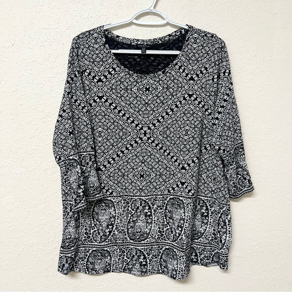 Lucky Brand Tunic Blouse Women's Plus Size 1X Black White Paisley 3/4 Sleeve